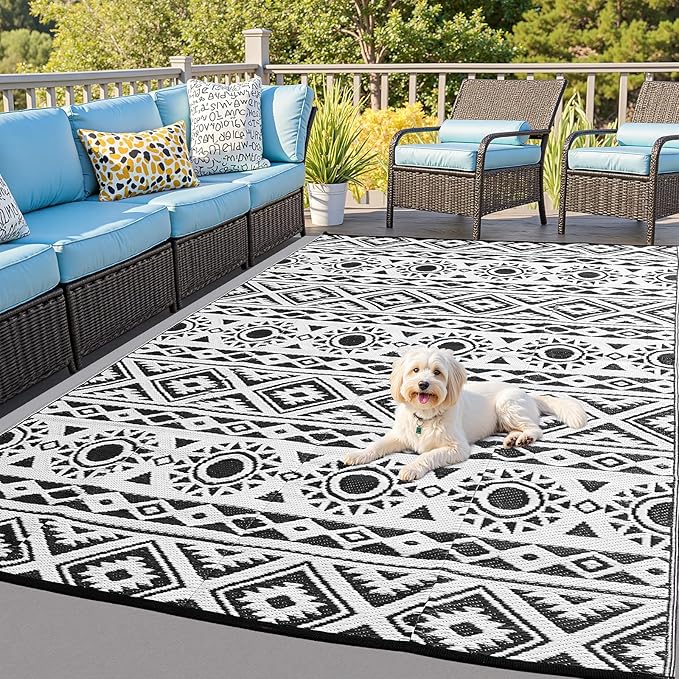 Outdoor Rug Waterproof 8x10 ft, Reversible Outdoor Plastic Straw Rug Patio Rug, RV Rugs for Outside, Outdoor Carpet for Patio Camping Deck Balcony Backyard, Black & White