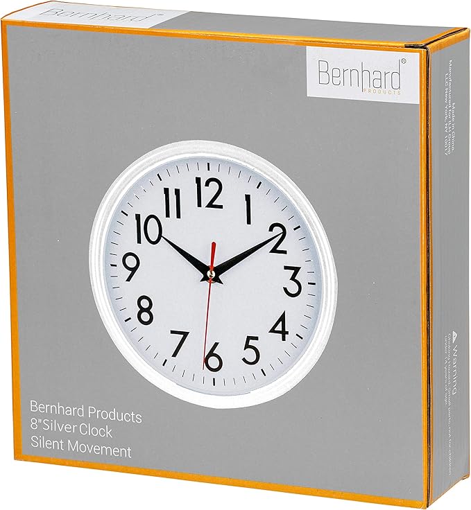 Bernhard Products White Wall Clock 8 Inch Retro Kitchen Silent Non-Ticking Quality Quartz Battery Operated Clock for Home/Office/Classroom/Bathroom/Nursery Room Easy to Read