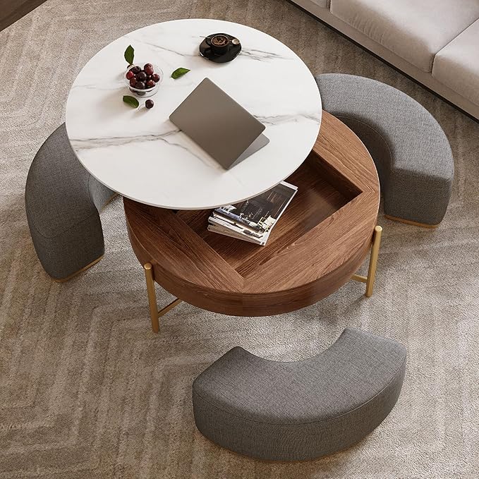 WILLIAMSPACE 31.5" Lift Top Coffee Table Set, Modern Round Marble Coffee Table with Storage & 3 Upholstered Nesting Ottomans, Accent Center Table for Living Room, Apartment