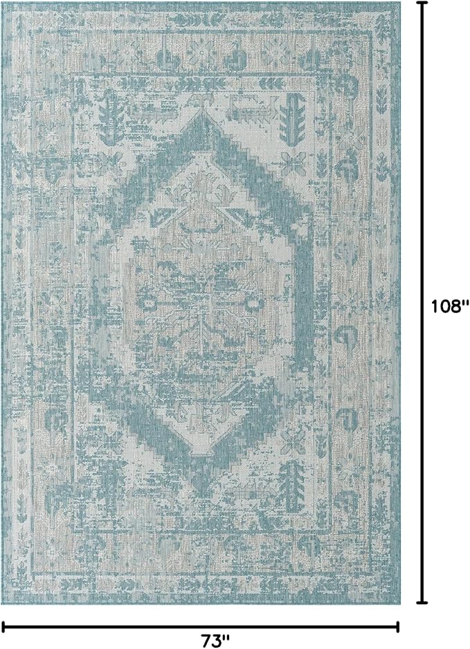 Unique Loom Outdoor Traditional Collection Area Rug - Valeria (6' 1" x 9' Rectangle, Aqua/ Ivory)