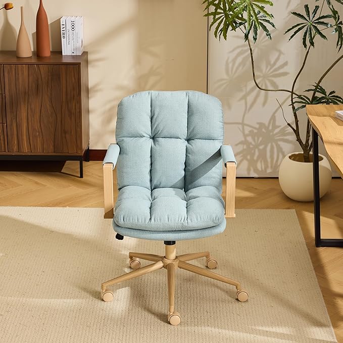 VINGLI Comfy Linen Office Desk Chair With Wheels &Detachable Cushions& Wood-like Armrests,Swivel Small Computer Task Chair,Adjustable for Girl Makeup Vanity,Teen/Kids Study,Nail Tech,Sewing,Teel Green