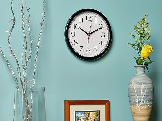 Bernhard Products Black Wall Clock Silent Non Ticking 10 Inch Quality Quartz Battery Operated Round Easy to Read Home/Office/Kitchen/Classroom/School Clock Sweep Movement