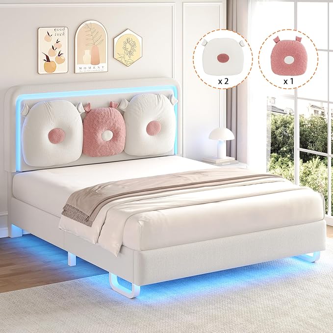 Queen Size Upholstered Bed Frame with LED Lights, Girls Bed with Adjustable Chic Double Headboard, Boucle Princess Platform Bed for Girls, Solid Wood Slats Support, No Box Spring Needed, Beige