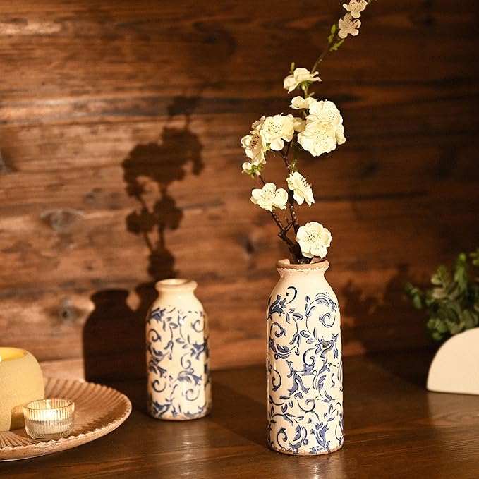 VICTOR & TERESA Blue and White Ceramic Vases Home Decor, Farmhouse Vase for Flowers, Flower Vase Set of 2, Rustic Decorative Vases for Pampas Grass, Table, Living Room, Shelf, Centerpieces, 8 inch