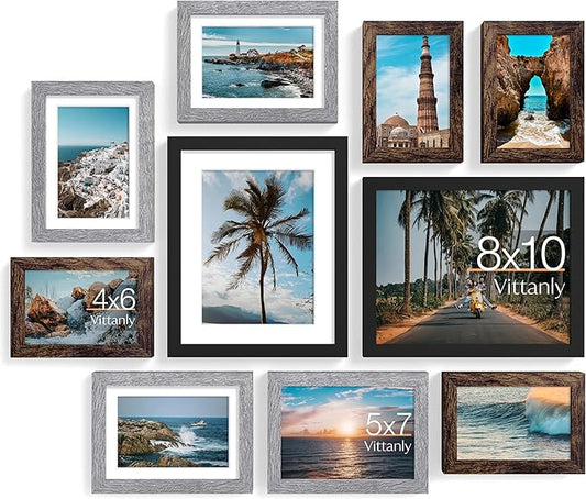 Vittanly Picture Frames Set of 10, Picture Frames Collage Wall Decor with Two 8x10, Four 5x7, and Four 4x6 Photo Frames, Gallery Wall Frame Set for Wall or Tabletop Display, Black&Brown&Grey