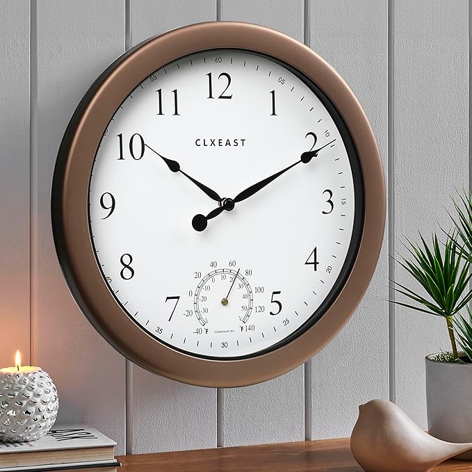 CLXEAST 10.4 Inch Indoor Outdoor Clocks Waterproof,Outdoor Clock with Temperature for Bathroom,Kitchen, Patio,Pool,Bronze/Dark Brown Finish,House Warming Gifts New Home