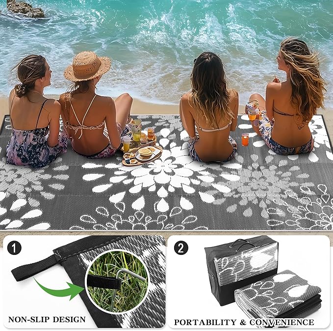 Wallona Outdoor Rugs 5x8 ft Patio Waterproof Clearance Indoor Outdoor Carpet for Patio Plastic Straw Reversible Area Rugs Mat for RV, Camping, Balcony, Beach, Picnic, Porch, Flower Grey & White