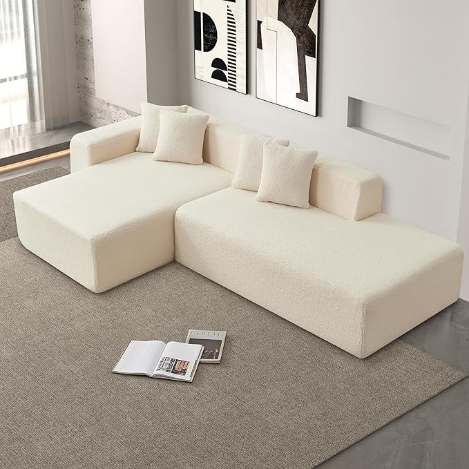 105'' Modular Sectional Couch, Modern L-Shape Sectional Sofa with Chaise Lounge, Comfy Lambswool Fabric Corner Sofa, Upholstered 4 Seater Couches for Living Room, Bedroom, Apartment, Beige