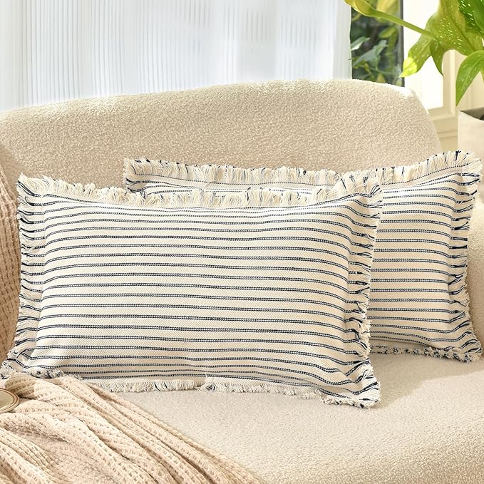 ZWJD Throw Pillow Covers 12x20 Set of 2 Striped Pillow Covers with Fringe Chic Cotton Decorative Pillows Square Cushion Covers for Sofa Couch Bed Living Room Farmhouse Decor