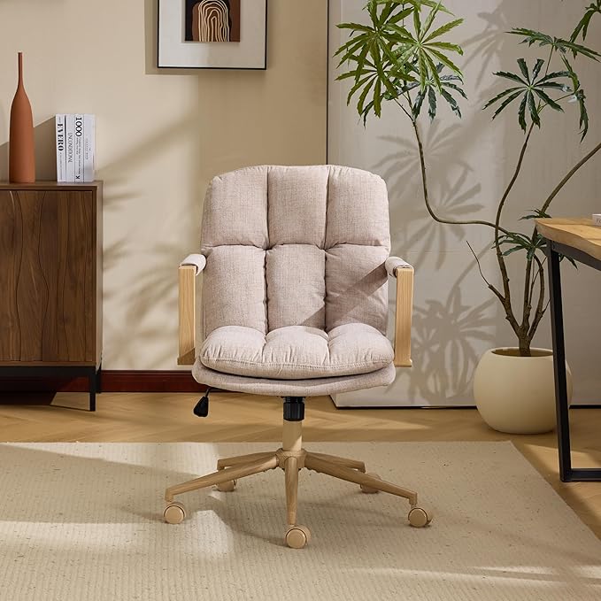 VINGLI Comfy Linen Office Desk Chair with Wheels & Detachable Cushions & Wood-Like Armrests,Swivel Small Computer Task Chair,Adjustable for Girl Makeup Vanity,Teen/Kids Study,Nail Tech,Sewing,Khaki