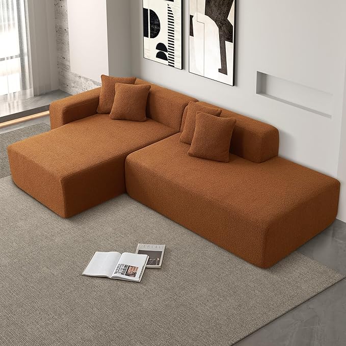 105'' Modular Sectional Couch, Modern L-Shape Sectional Sofa with Chaise Lounge, Comfy Lambswool Fabric Corner Sofa, Upholstered 4 Seater Couch for Living Room, Bedroom, Apartment, Orange
