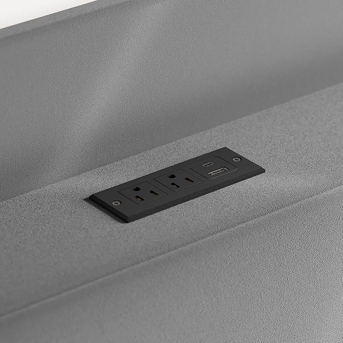 Allewie Velvet Queen Upholstered Bed Frame with Wingback Storage Headboard & Charging Station, Platform Bed with Diamond Tufted Design & Gold Trim, No Box Spring Needed, Easy Assembly, Grey