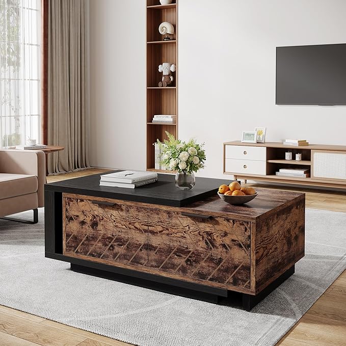 Tribesigns Extendable Coffee Table with 2 Storage Drawers, Dual-Tone Center Table with Sliding Tabletop, Multi-Functional Wooden Rectangle Cocktail Table for Living Room (Black & Rustic Brown)