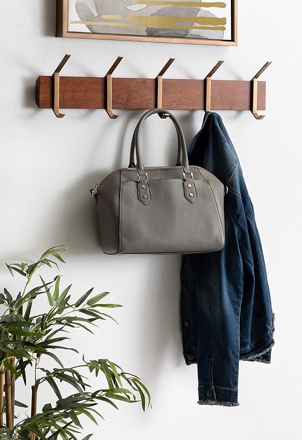 Kate and Laurel Rossmore Modern 5 Hook Shelf, Walnut and Gold, Mid-Century Coat Rack
