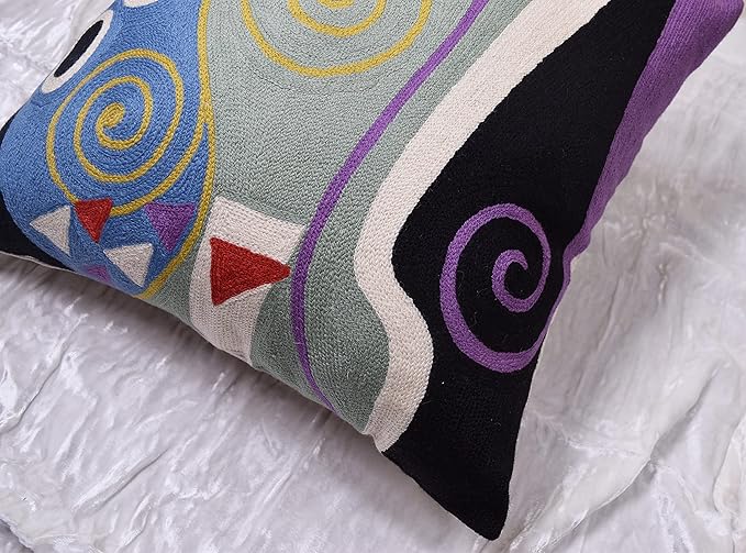 Klimt Blue Marine Modern Pillow Cover | Contemporary Chair Cushion | Modern Blue Sofa Pillowcase | Modern Outdoor Pillows | Mid Century Chair Cushions | Hand Embroidered | Wool Size 18x18