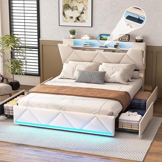 Vabches Full Bed Frame with Storage Headboard and 4 Drawers,Upholstered Platform with Charging Station and Led Lights,Adjustable Headboard,No Box Spring Needed,Beige