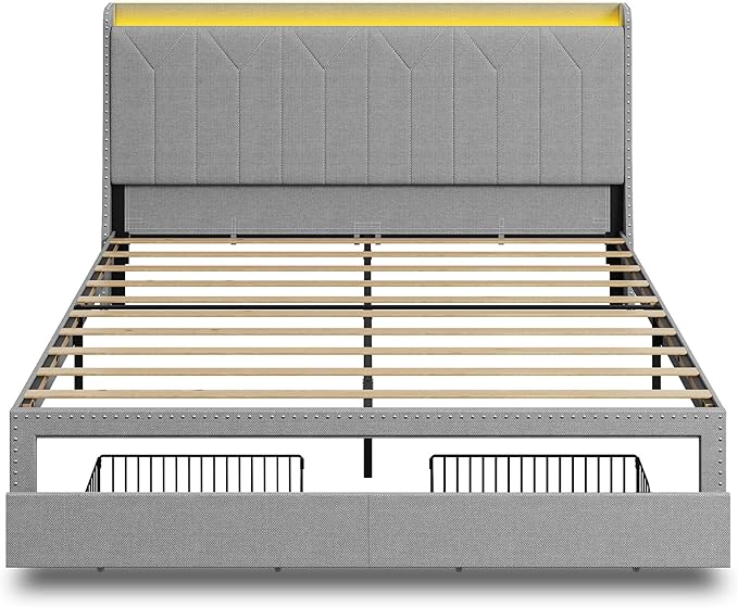WLIVE King Size Upholstered Bed Frame with 2 Drawers, Linen Tufted Storage Headboard with Charging Ports and LED Light, Sturdy Metal & Wooden Slats Support, No Box Spring Needed, Light Grey