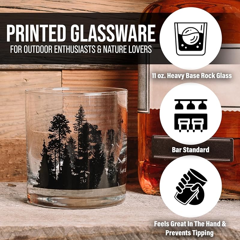 Whiskey Glasses with Hand-Printed Mountain Range - Set of 2 Rock Glasses with Dishwasher-Safe Print - 11oz. Rock Glasses