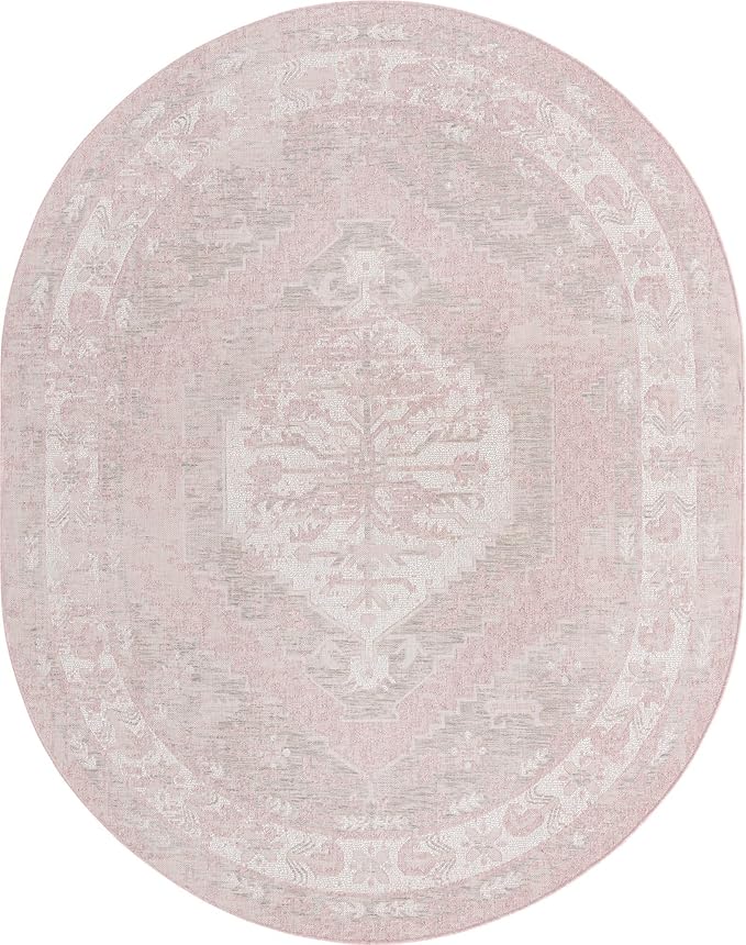 Unique Loom Outdoor Traditional Collection Area Rug - Valeria (7' 10" x 10' Oval, Pink/ Ivory)