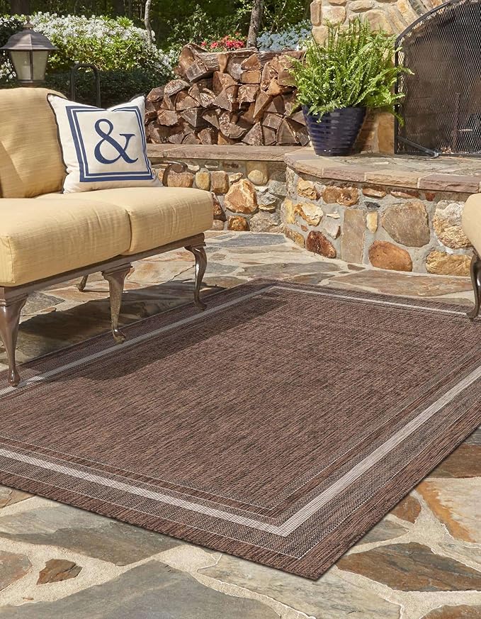 Unique Loom Outdoor Border Collection Area Rug - Soft Border (3' 3" x 5' 3" Rectangle Brown/Ivory)