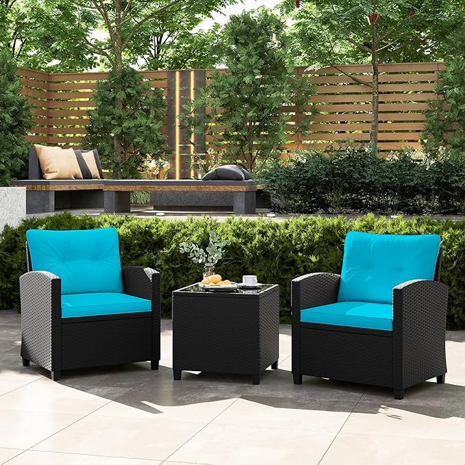 Tangkula 3 Piece Patio Furniture, Rattan Conversation Set w/Soft Seat & Back Cushions, Tempered Glass Topped Coffee Table, Cushioned Wicker Seating Set for Backyard, Porch, Poolside