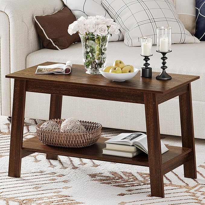 Coffee Table for Living Room, 2 Tier Coffee Table with Storage, Small Rectangular Center Tables with Shelf, Space Saving, Easy Assembly, Light Walnut