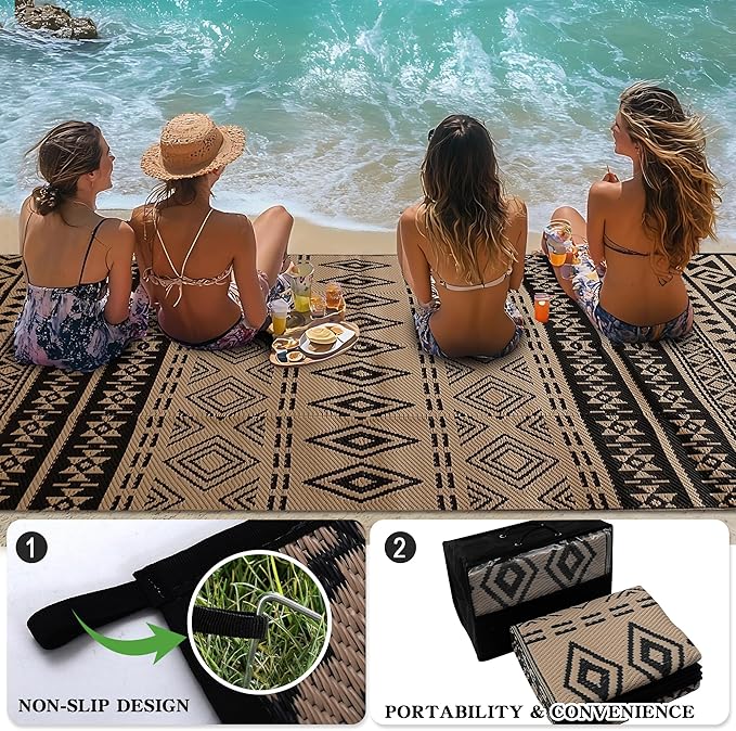 Wallona Outdoor Rugs 5x8 ft Patio Waterproof Clearance Indoor Outdoor Carpet for Patio Plastic Straw Reversible Area Rugs Mat for RV, Camping, Balcony, Beach, Picnic, Porch, Boho Black & Brown