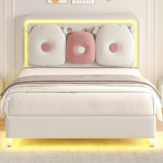 Queen Size Upholstered Bed Frame with LED Lights, Girls Bed with Adjustable Chic Double Headboard, Boucle Princess Platform Bed for Girls, Solid Wood Slats Support, No Box Spring Needed, Beige