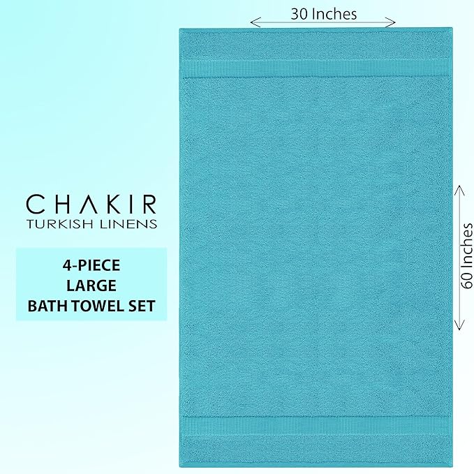 Chakir Turkish Linens 100% Cotton Premium Turkish Towels for Bathroom | 30'' x 60'' Large Bath Towels (4 Piece, Aqua)