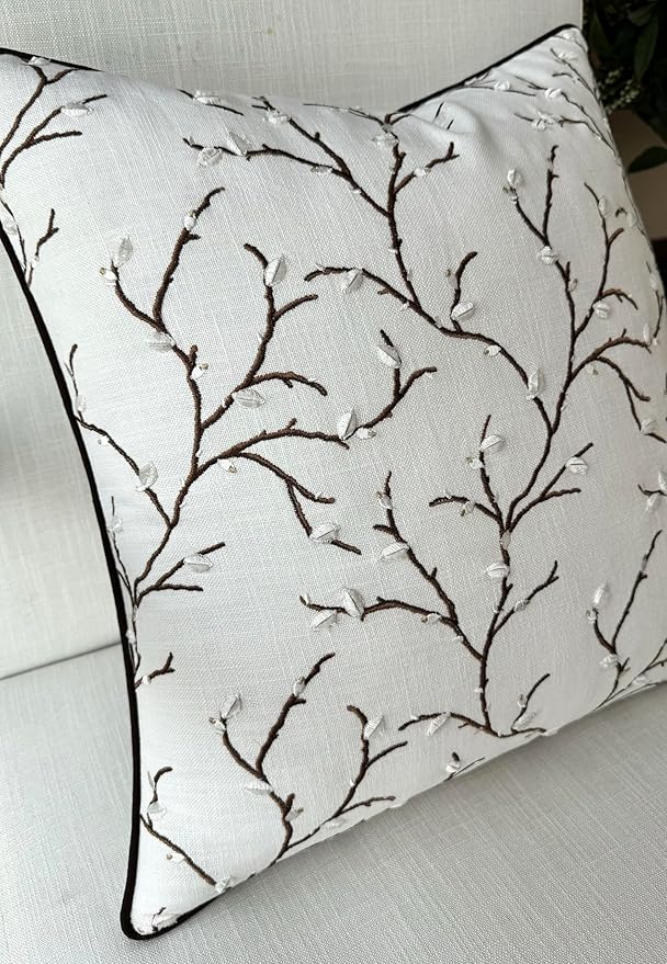 VAGMINE Embroidered Pussy Willow Throw Pillow Cover - 20x20 Inches Square - 100% Cotton Ivory Cushion Cover - Delicate Floral Stitchwork - Chic Home Accent for Sofa, Lounge, Rustic Farmhouse Décor