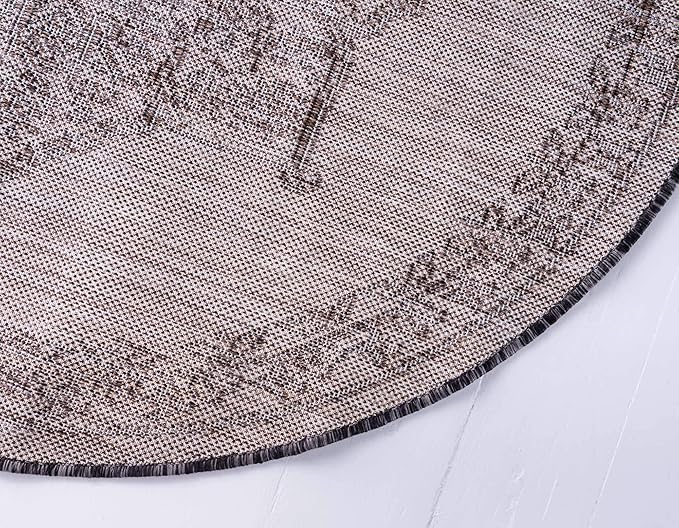 Unique Loom Outdoor Traditional Collection Area Rug - Antique (4' 1" Round, Charcoal Gray/ Natural)