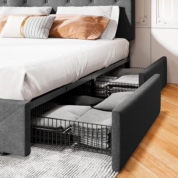 MUTICOR King Size Bed Frame with 4 Storage Drawers, Upholstered Platform Bed with Button Tufted Adjustable Headboard, No Box Spring Needed, Easy Assembly, Diamond Tufted, Dark Grey Fabric
