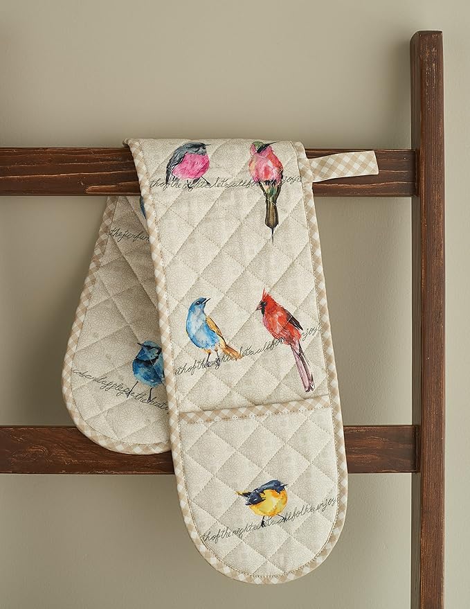 Maison d' Hermine Double Oven Mitts 100% Cotton 7"x35" Double Oven Mitt Heat Resistant BBQ Cooking Gloves with Loop, Baking, Grilling, Home, Kitchen, Handling Hot Pans Spring Summer (Birdies On Wire)