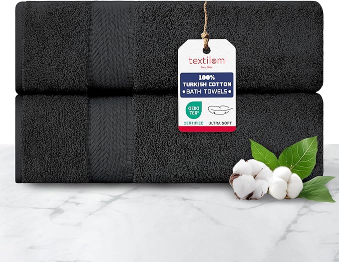 TEXTILOM 100% Turkish Cotton 2 Pcs Bath Towel Set, Luxury Bath Towels for Bathroom, Soft & Absorbent Hotel Quality Bathroom Towels Set (27 x 54 inches)- Black