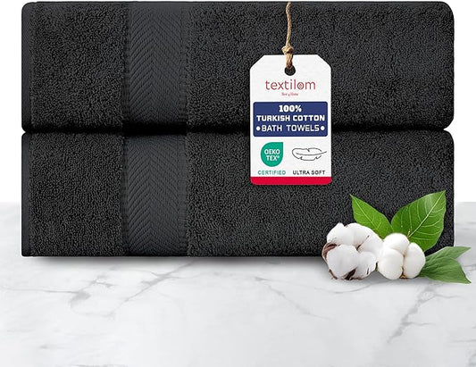 TEXTILOM 100% Turkish Cotton 2 Pcs Bath Towel Set, Luxury Bath Towels for Bathroom, Soft & Absorbent Hotel Quality Bathroom Towels Set (27 x 54 inches)- Black