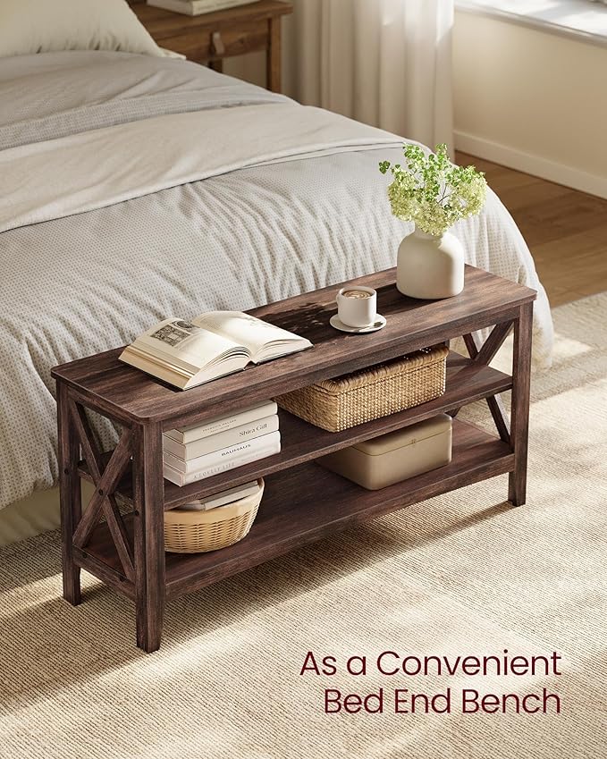 VASAGLE, Entryway Storage Bench, 2-Tier Shoe Rack, 11.8 x 39.4 x 18.9 Inches, Holds up to 600 lb, Farmhouse Style, for Living Room, Bedroom, Maroon Brown ULSB153K51