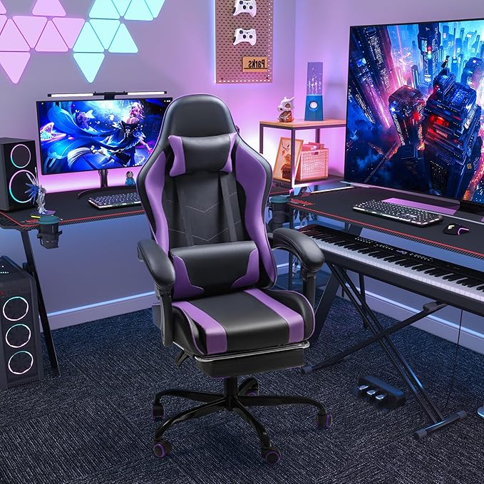 Homall Gaming Chair, Video Game Chair with Footrest and Massage Lumbar Support, Ergonomic Computer Chair Height Adjustable with Swivel Seat and Headrest (Purple)