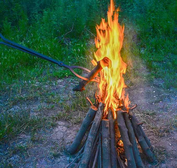 Heavy Duty Fire Pit Tools Set with 40" Fire Poker and Log Grabber Wrought Iron Large Fireplace Tool Set with Metal Stand,Solid Steel Firewood Grabber for Campfire Backyard Bonfire Indoor&Outdoor Use