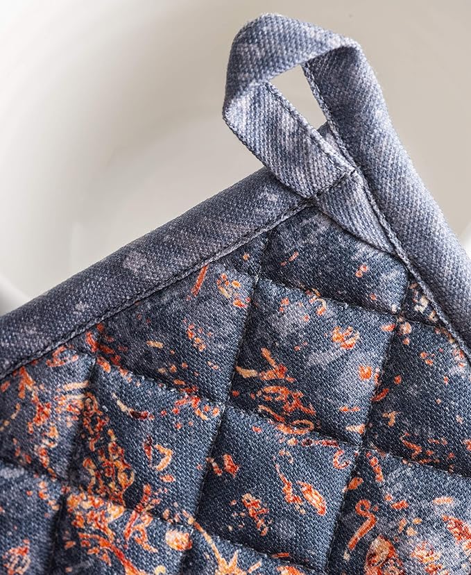 Maison d' Hermine 100% Cotton Oven Mitt & Pot Holder Set (7.5"x13" & 8"x8") Heat Resistant BBQ Cooking Gloves with Loop for Thanksgiving Christmas Decorations Handling Hot Pans (Imperfection)