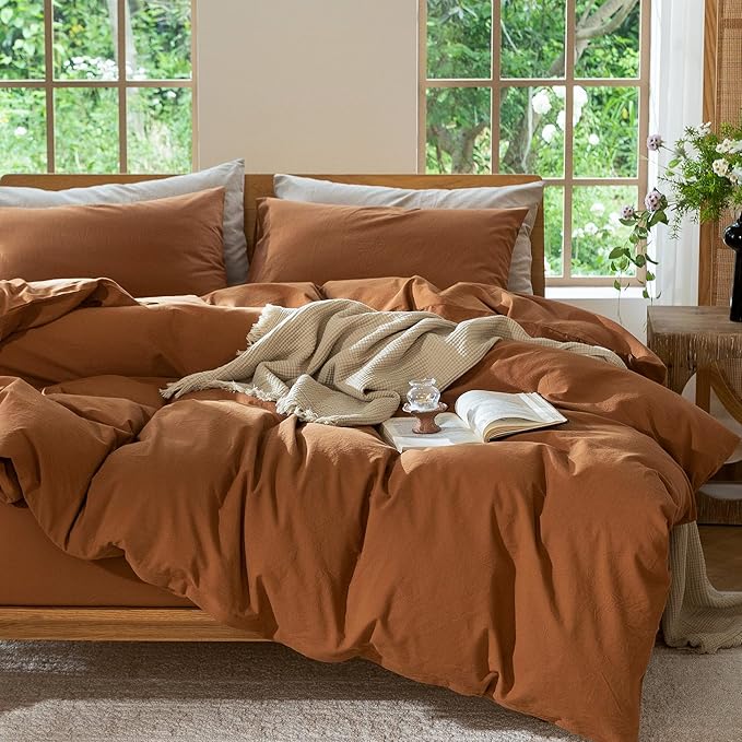 MooMee Bedding Duvet Cover Set 100% Washed Cotton Linen Like Textured Breathable Durable Soft Comfy (Solid Dark Orange, Twin 68"x90")