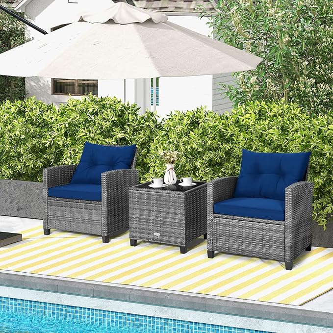 Tangkula 3 Pieces Patio Furniture Set, Outdoor PE Rattan Conversation Chair Set with Tempered Glass Side Table and Removable Cushions, PE Wicker Chairs and Table Set for Porch, Balcony and Garden