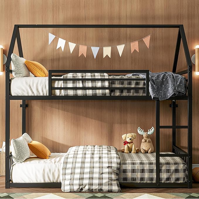 LIKIMIO Bunk Bed Twin Over Twin, House Bunk Bed Frame with Ladder and Guardrail, House Shaped with Metal Slats for Dormitory and Bedroom, Space Saving, No Box Spring Needed, Black
