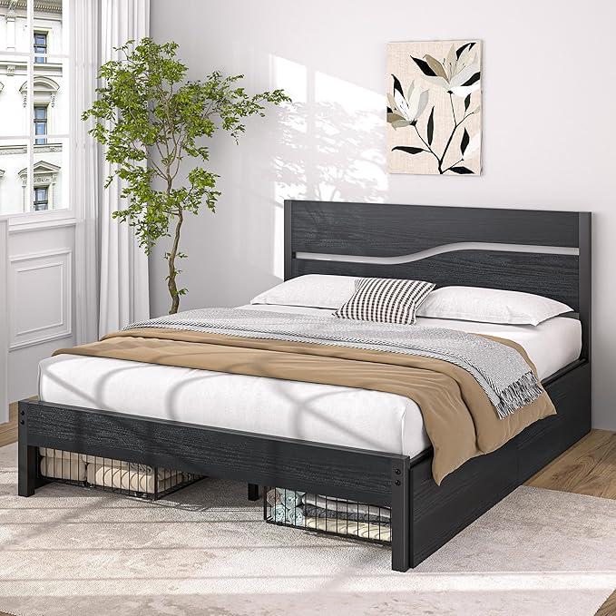 VECELO Queen Size Platform Bed Frame with 4 Drawers and Wood Storage Headboard, Heavy Duty Metal, Large Storage, Noise-Free, No Box Spring Needed, Easy Assembly, Black