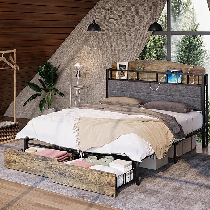 LIKIMIO Queen Bed Frame with Guardrail & Bedside Caddy, Multifunctional Headboard with Charging Station, Durable Metal Platform Bed, Noise-Free, No Box Spring Needed, Black