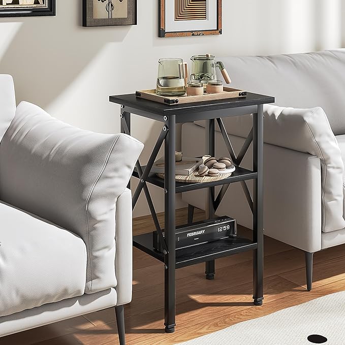 VECELO End Table, Bedside Table, 24" Tall Living Room End Tables, X-Design Reinforced Nightstands, Side Table with 3-Tier Storage Shelves for Small Spaces, Office, Bathroom, Bedroom, Classic Black