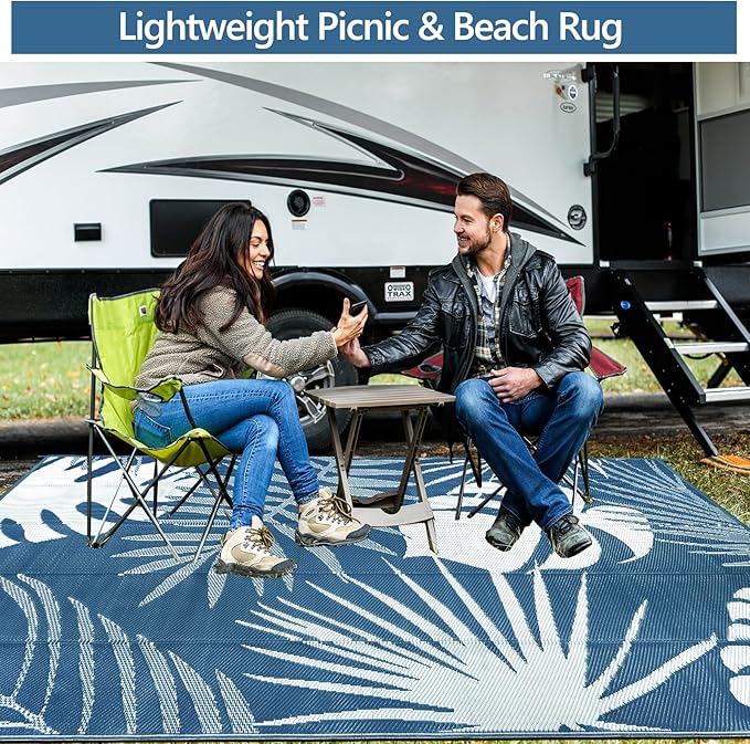 Waterproof Outdoor Rug 6x9 ft, Reversible Plastic Straw Mat with Leaf Pattern, Large Floor Mat for Patio, Camping, Picnic, Backyard RV, Deck, Blue