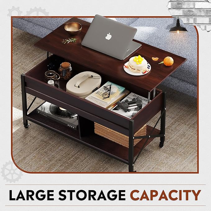 WLIVE Coffee Table, 41.3" Lift Top Coffee Table with 4 Wheels, Hidden Compartment, Storage Shelf and Lift Tabletop for Living Room, Reception Room, Espresso