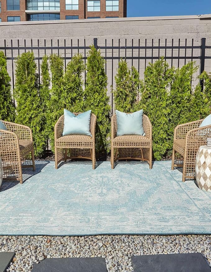 Unique Loom Outdoor Traditional Collection Area Rug - Valeria (13' Square Aqua/Ivory)