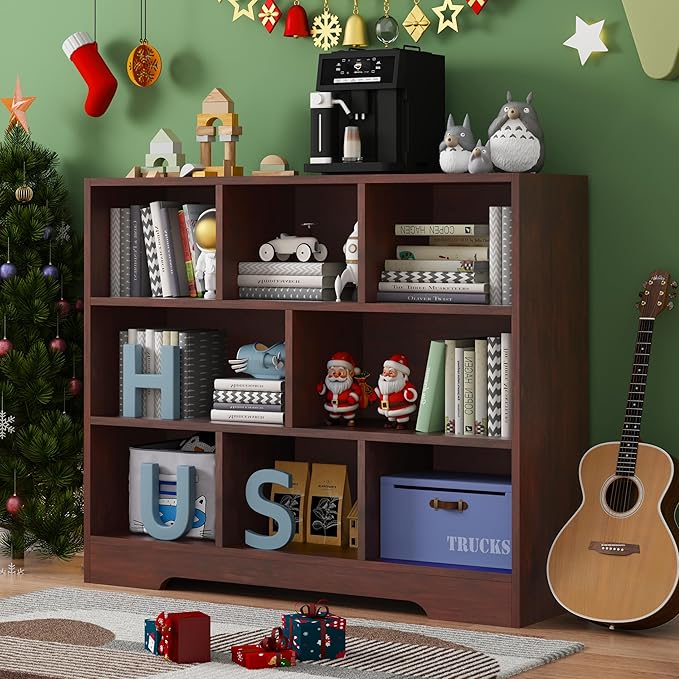 Book Shelf for Kids, 8 Cubes Storage Organizer Montessori Shelf, 3-Tier Wooden Kids Bookcase, Toy Storage Organizer for Children, Cherry Toddler Bookshelf Cube Shelf for Kid’s Room, Classroom