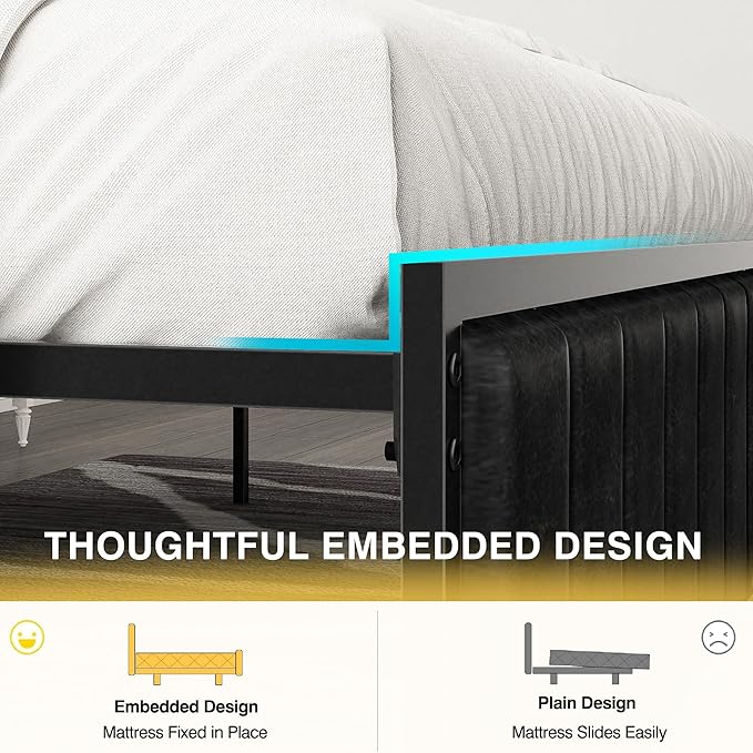 VECELO Twin Bed Frame with Headboard, Upholstered Platform Bedframe, Heavy Duty Metal Slats, No Box Spring Needed, Easy Assembly, PU Black